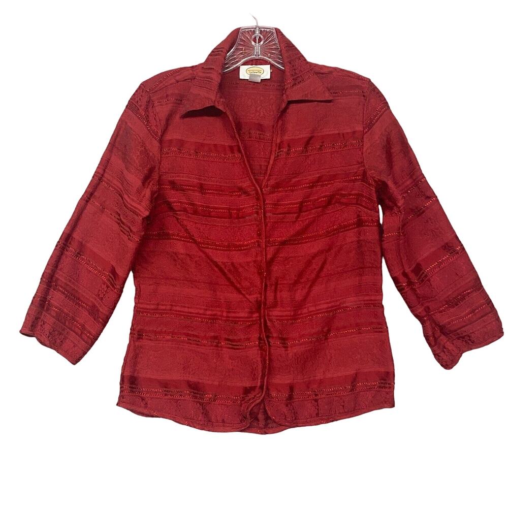 Talbots Red Linen Blend Textured Button Up Shirt Womens 6 Jacquard 3/4 Sleeve